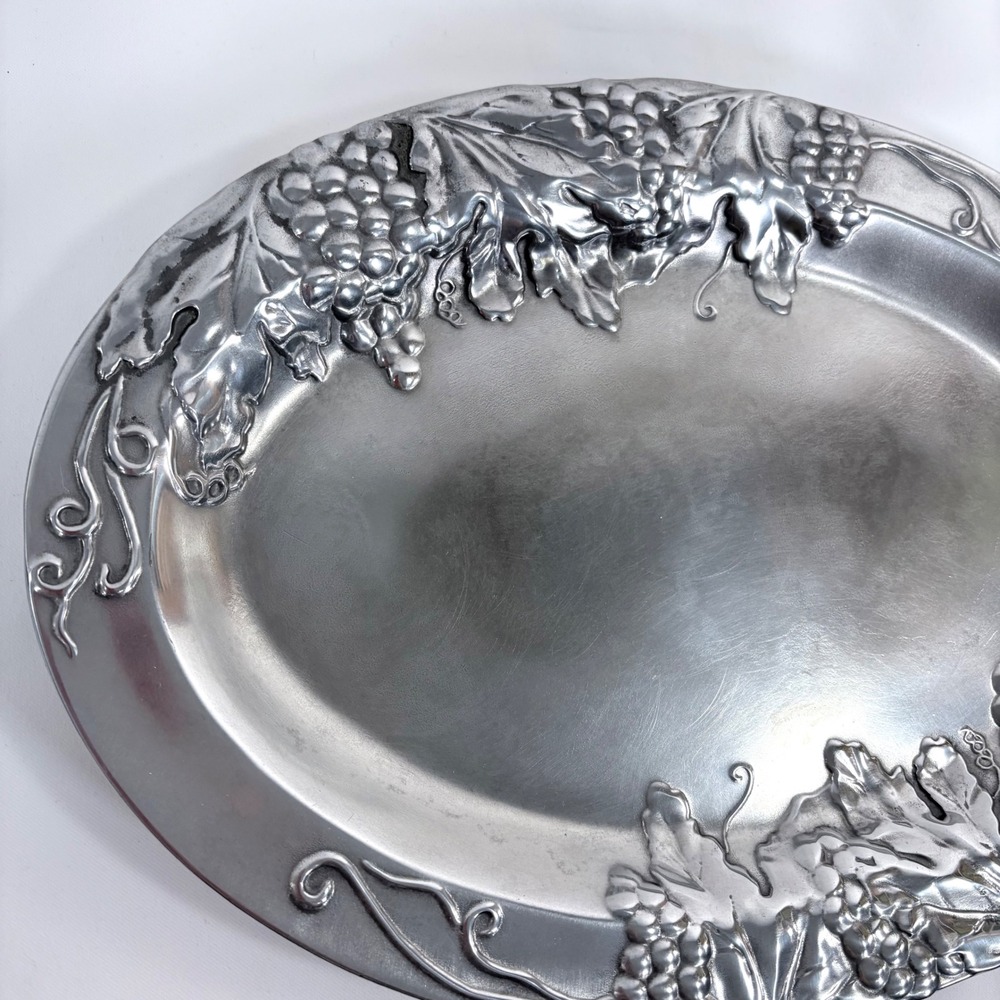 Vintage Wilton Armetale Serving Platter Silver Grape Vine Embossed Oval Tray 15"